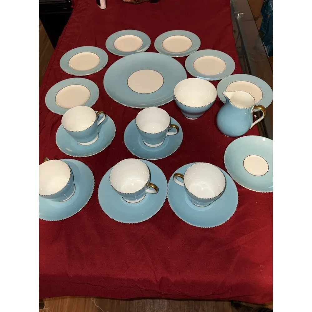 Wedgwood W4143 Sky Blue Gold Beaded Tea Set Fine Bone China England - 20 Pcs